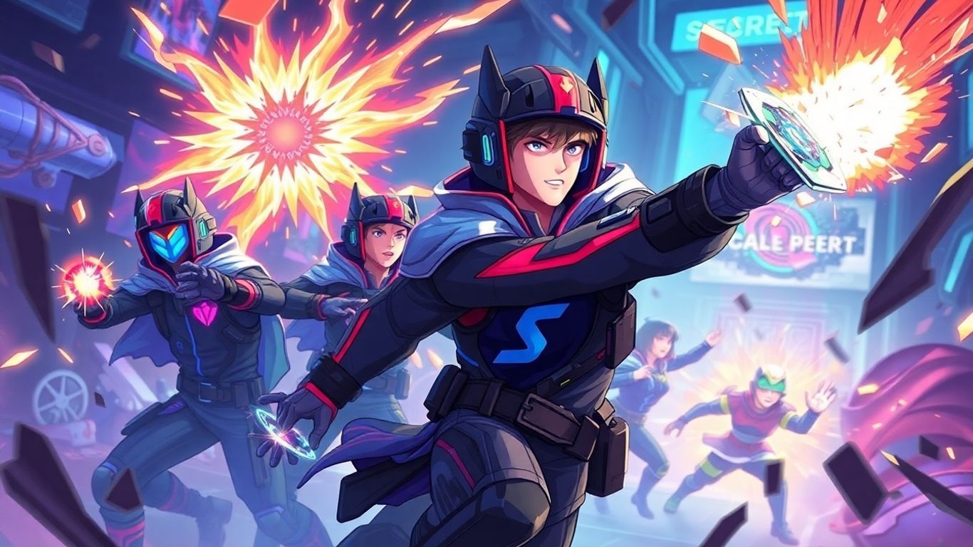 Team Secret Valorant players in action, digital battlefield background.