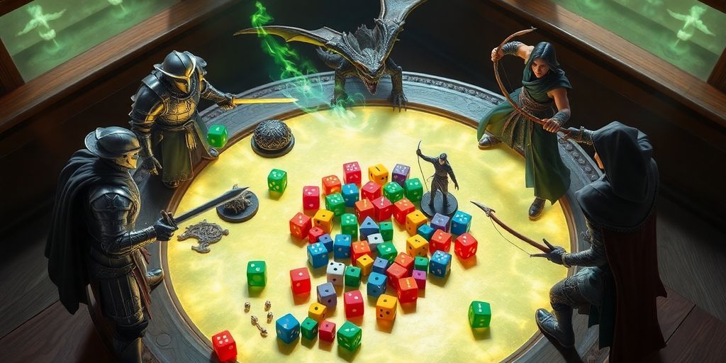 Tabletop RPG scene with adventurers, colorful dice, weapons, magic glow