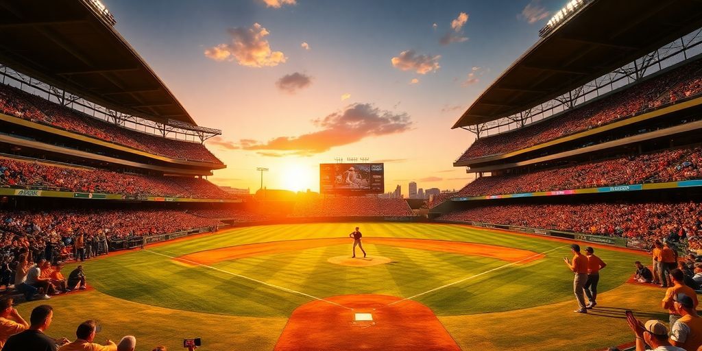 Baseball stadium full of fans, bright lights.