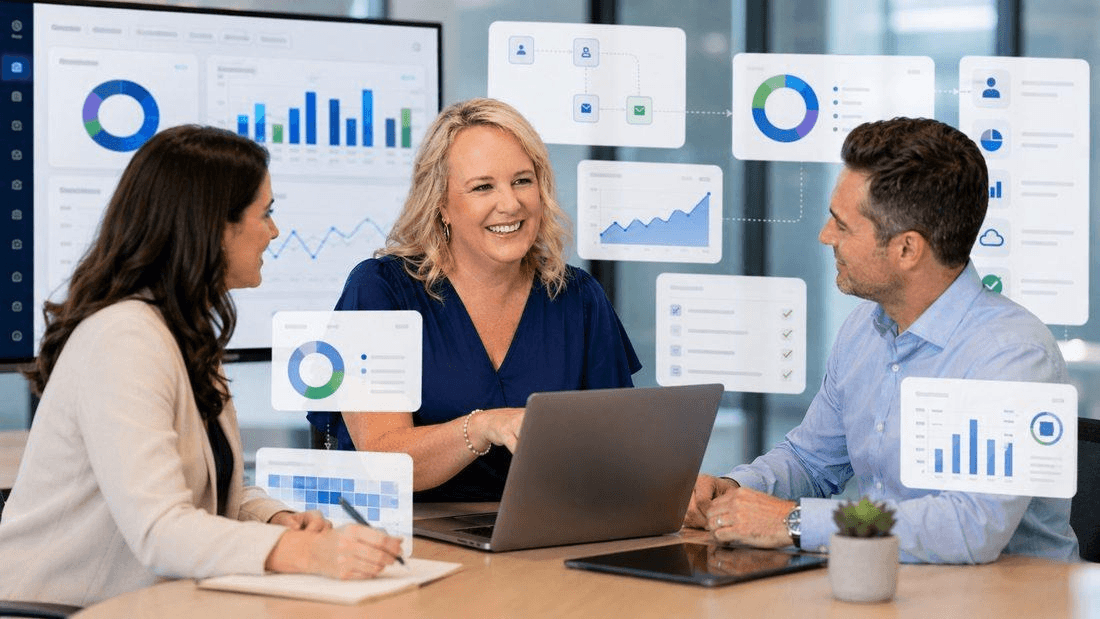 Business team reviewing customer and operational data spread across linked application panels.