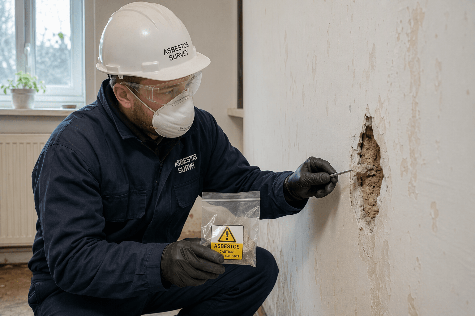 Technician inspecting wall for asbestos
