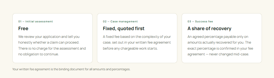 The Fund Relief Group fees page setting out the free assessment, fixed fee and success fee
