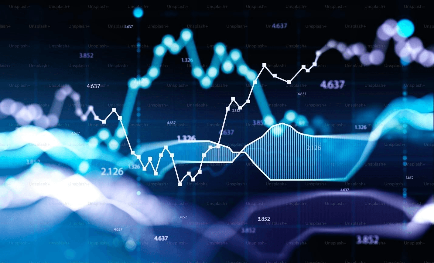 Concept of stock market and fintech data analysis. Blue and violet digital bar charts over dark blue background. Futuristic financial interface. 3d rendering