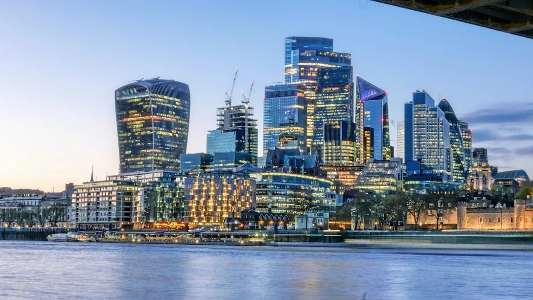 City skyline with modern office towers at dusk
