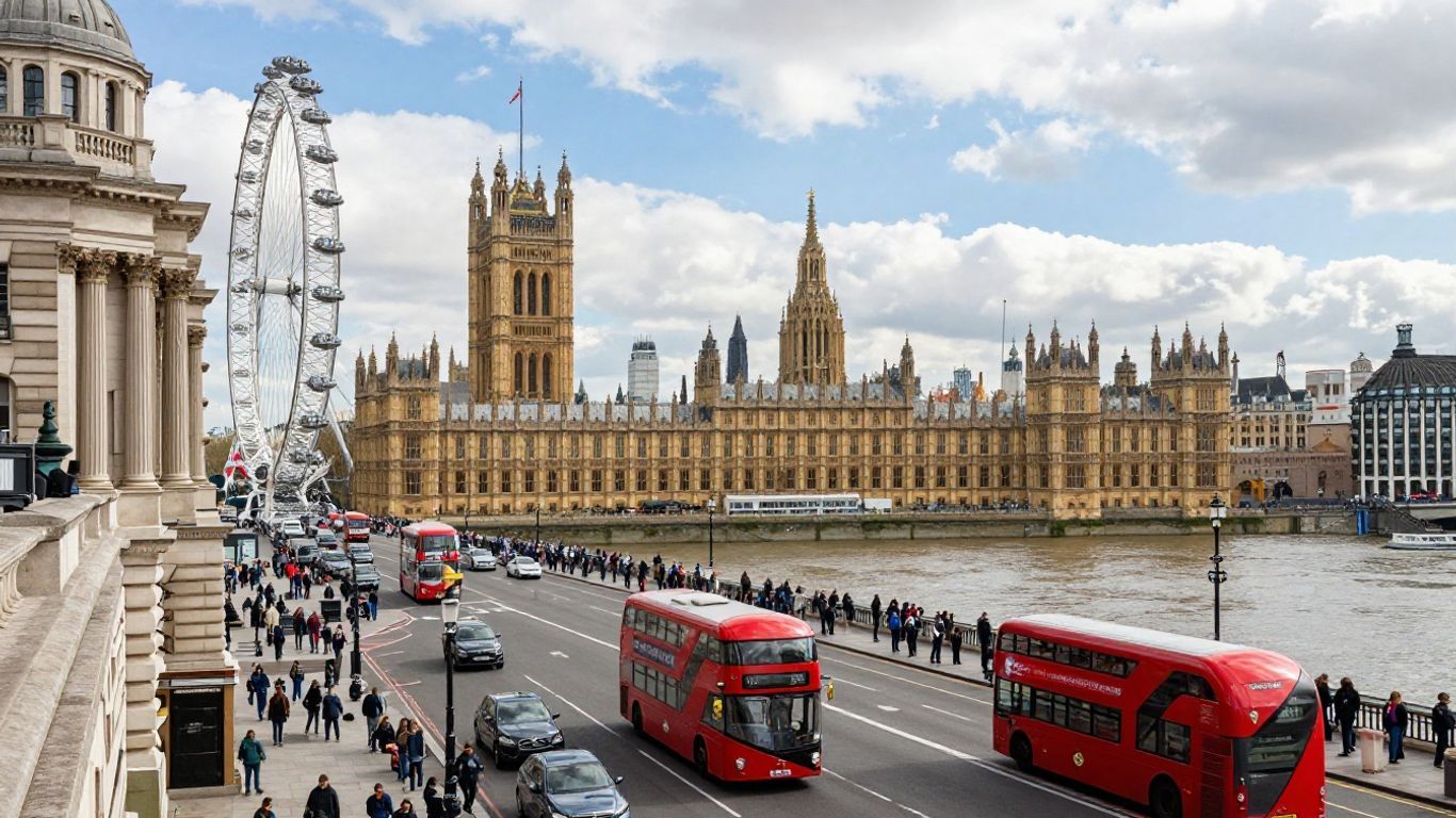 Iconic London skyline with landmarks and red buses.