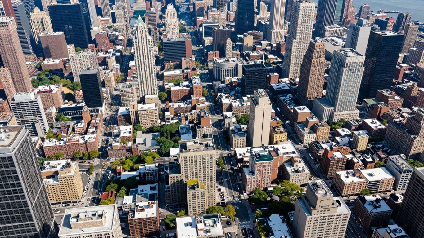 Aerial view of New York City's urban grid and waterways.