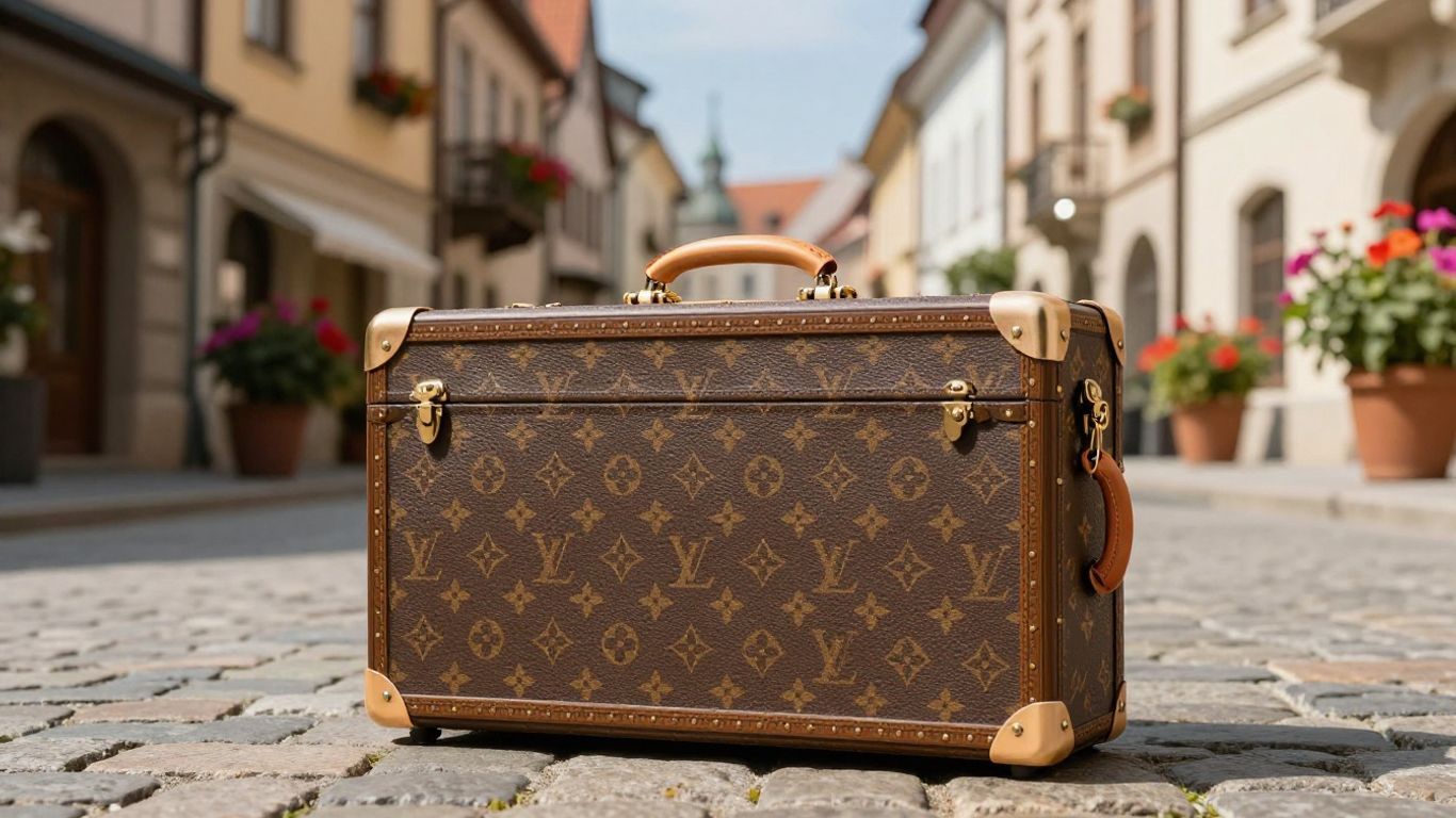 Louis Vuitton suitcase on a European city street.