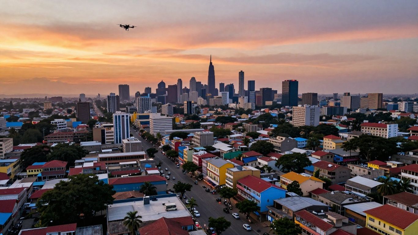 Vibrant African cityscape at sunset with landmarks.