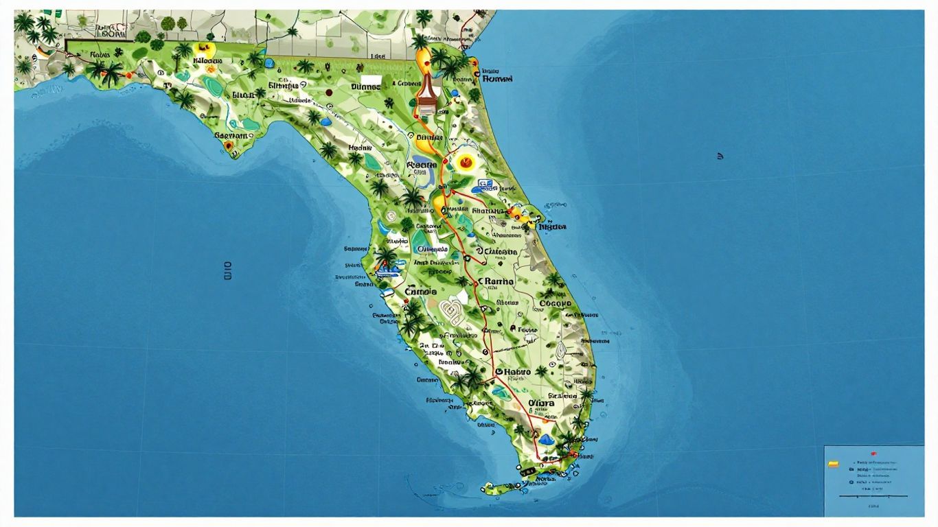 Florida map with cities, regions, and coastlines.