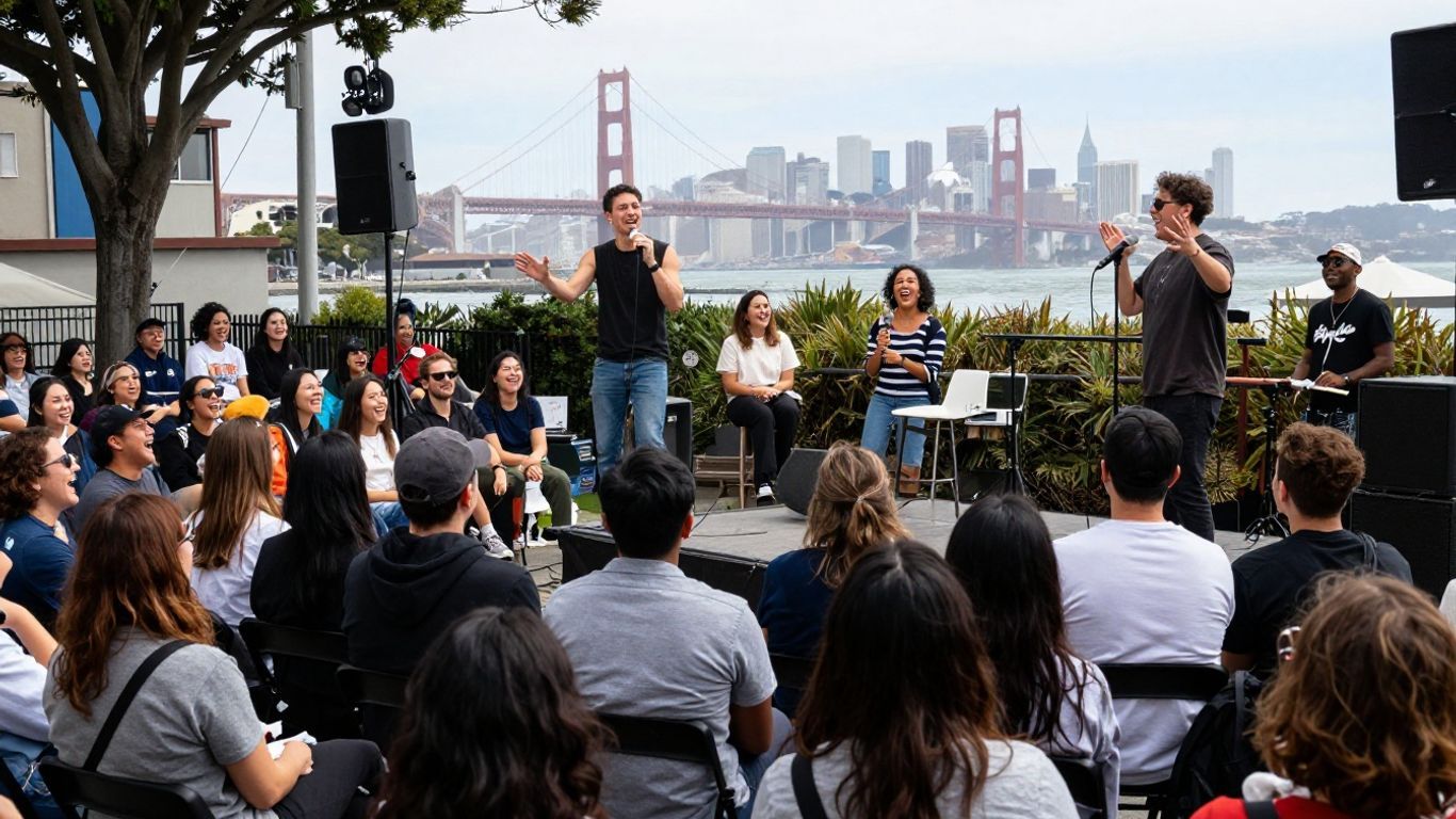 San Francisco comedy show with laughing audience and city backdrop.