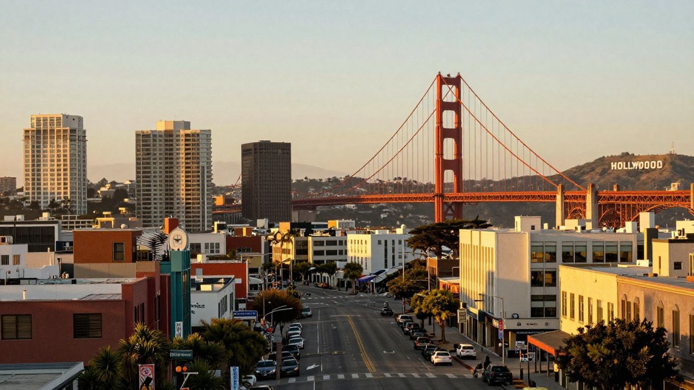Vibrant California cityscape with landmarks and bustling streets.