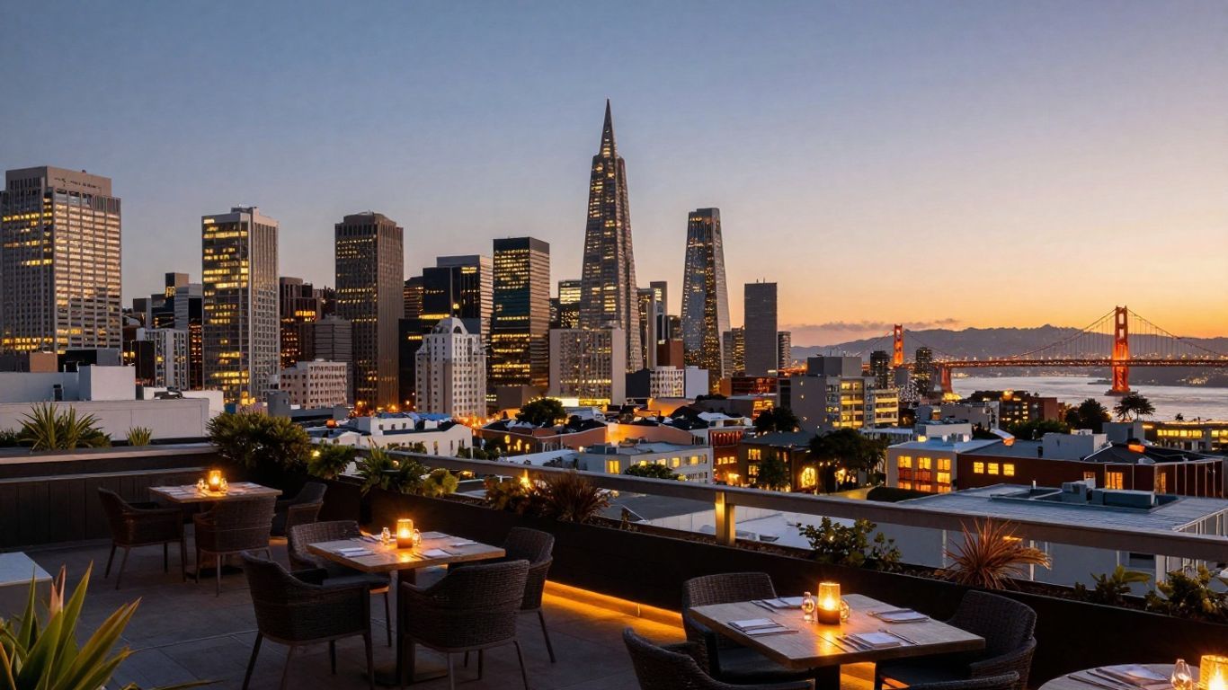 San Francisco skyline view from a rooftop restaurant at dusk.