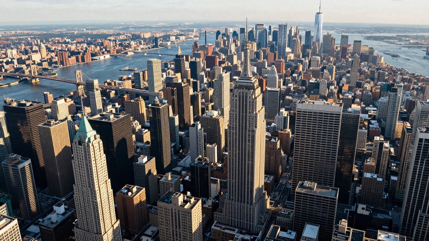 Aerial view of New York City skyline and boroughs.