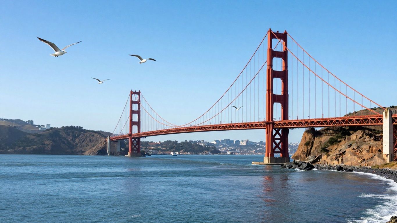 Golden Gate Bridge with San Francisco skyline and ocean.