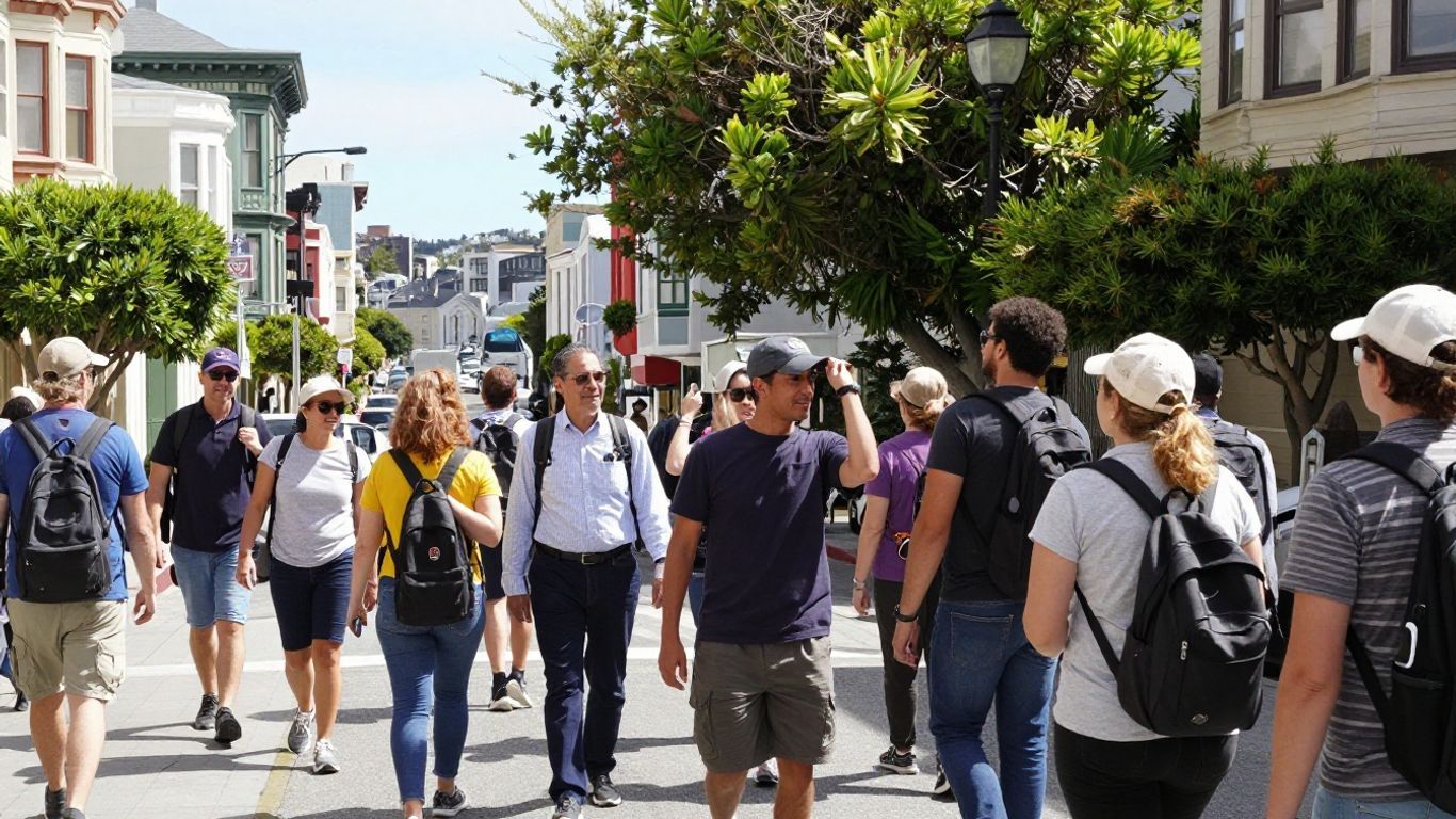 San Francisco walking tour group exploring city streets.