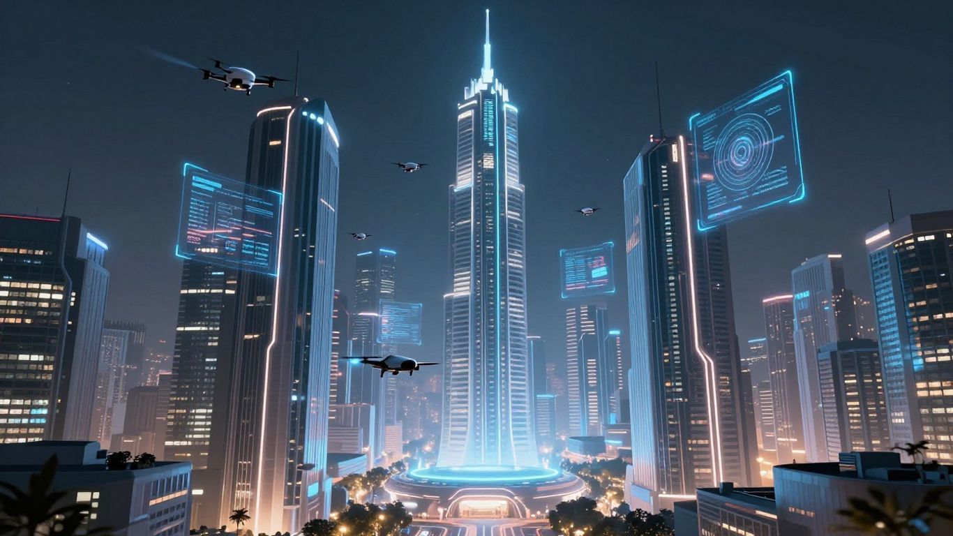 Futuristic California cityscape with digital overlays and drones.