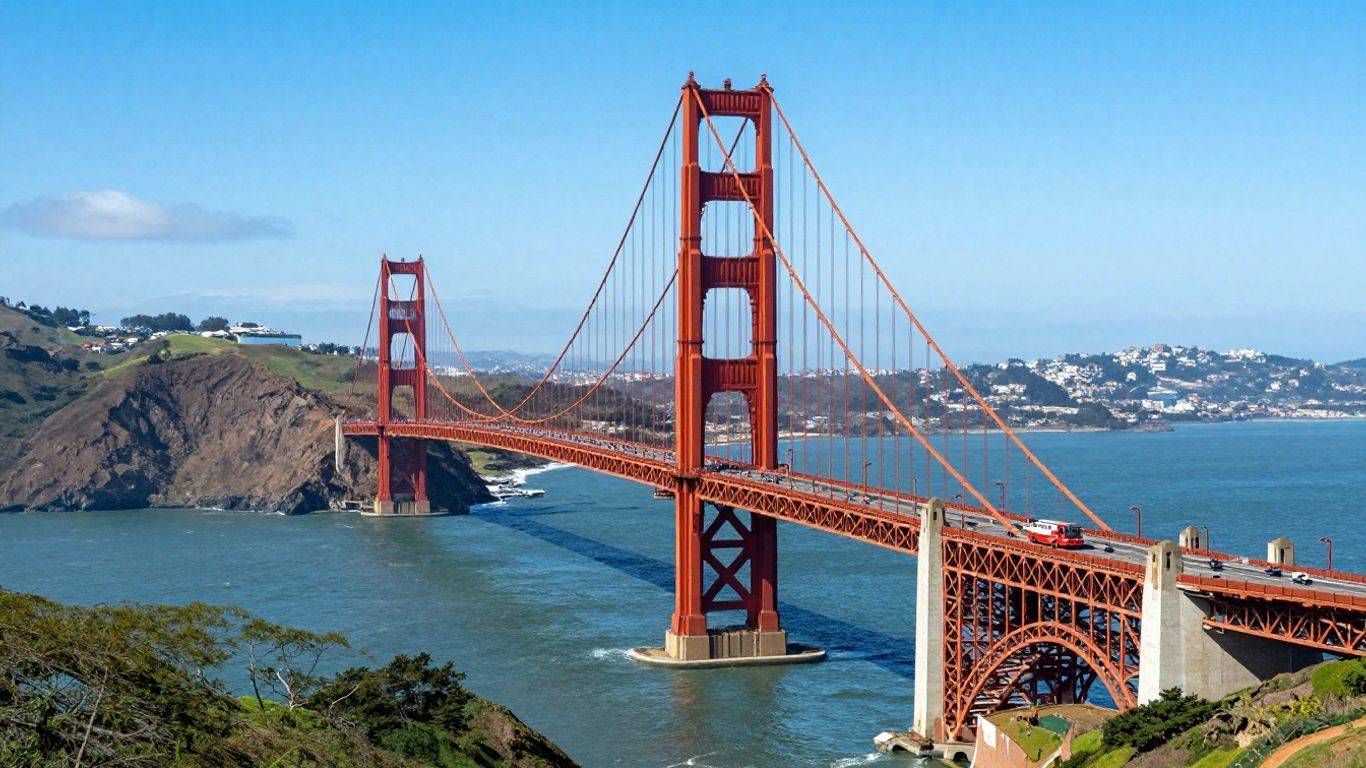 Big Bus tours past the Golden Gate Bridge.