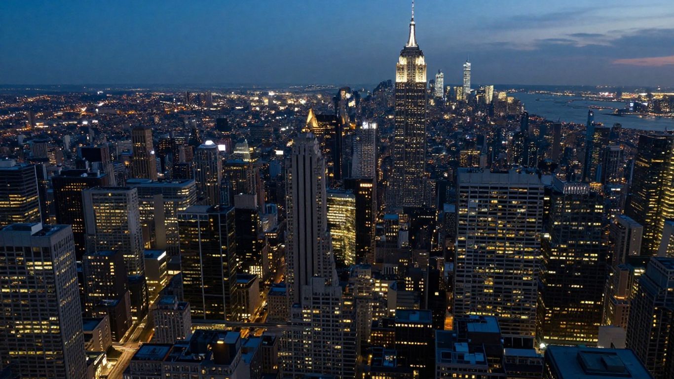 Skylines of America's largest cities at dusk.