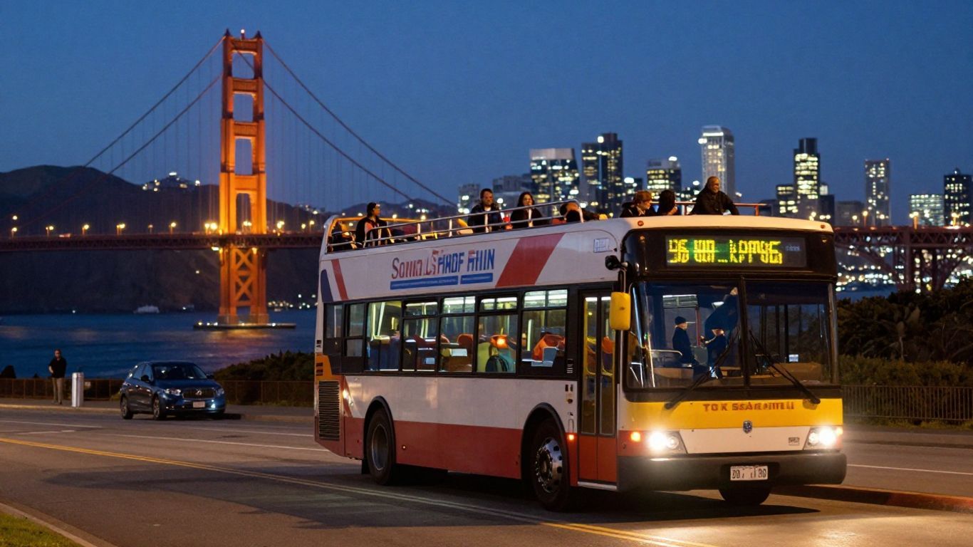 San Francisco night tour bus with Golden Gate Bridge.