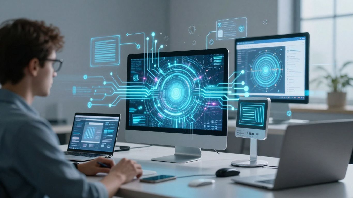 Interconnected devices and digital patterns illustrating smart technology.