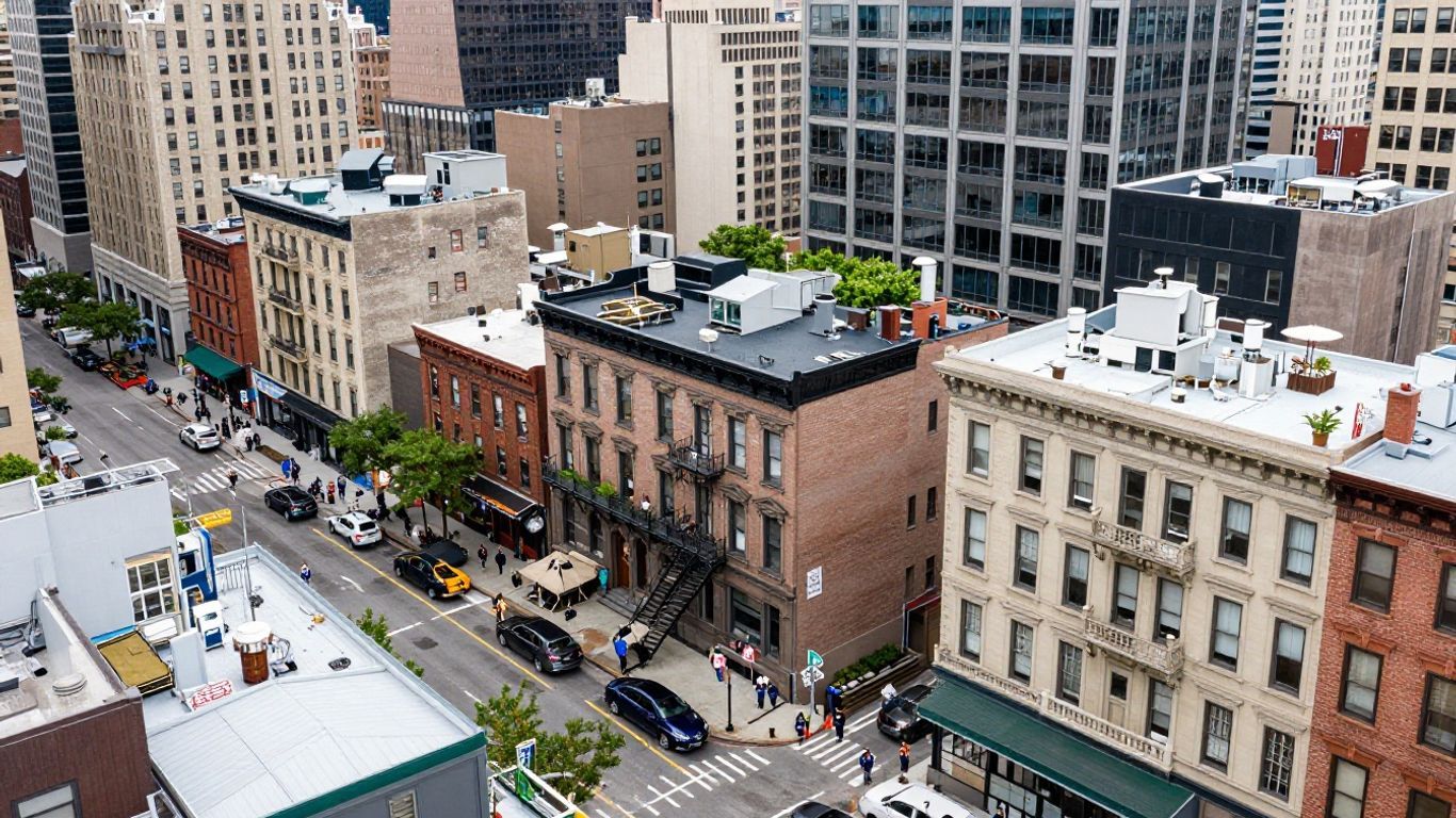 Diverse US city skyline and street life.