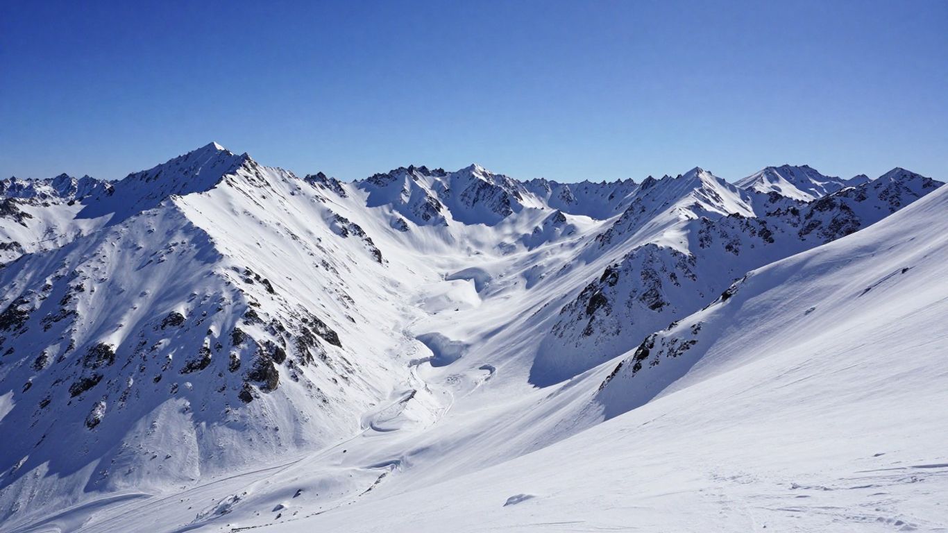 Vast snow-covered mountains under a clear blue sky.