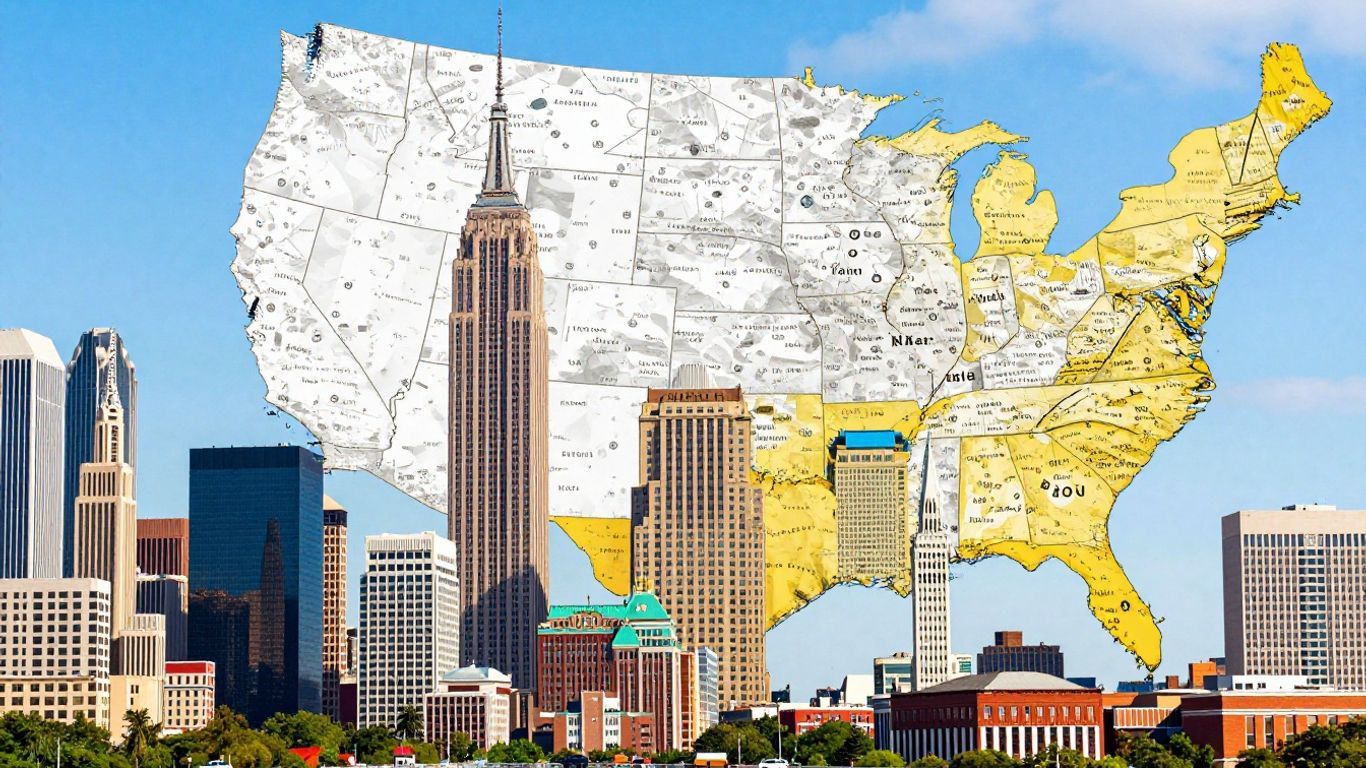 Map of USA cities with skylines and landmarks.