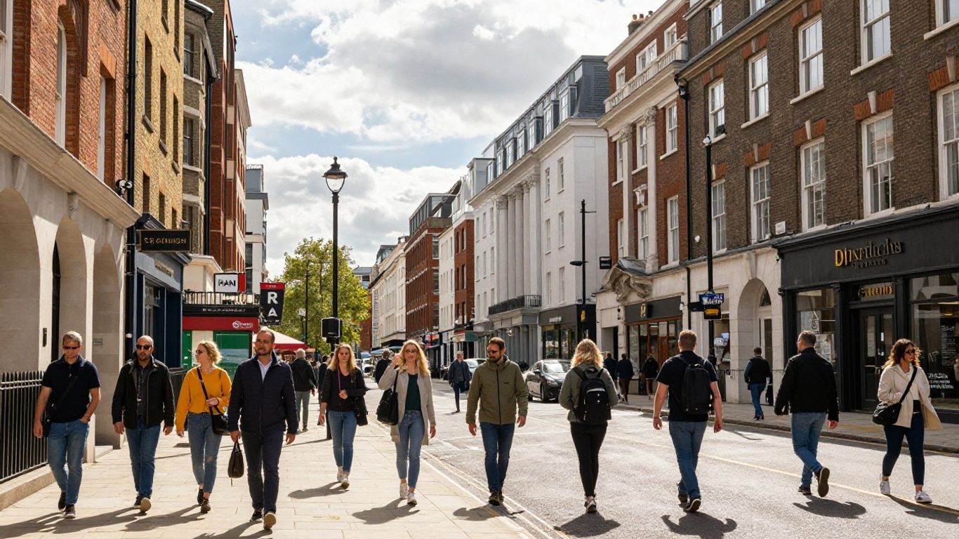 English cityscape with diverse people and architecture.