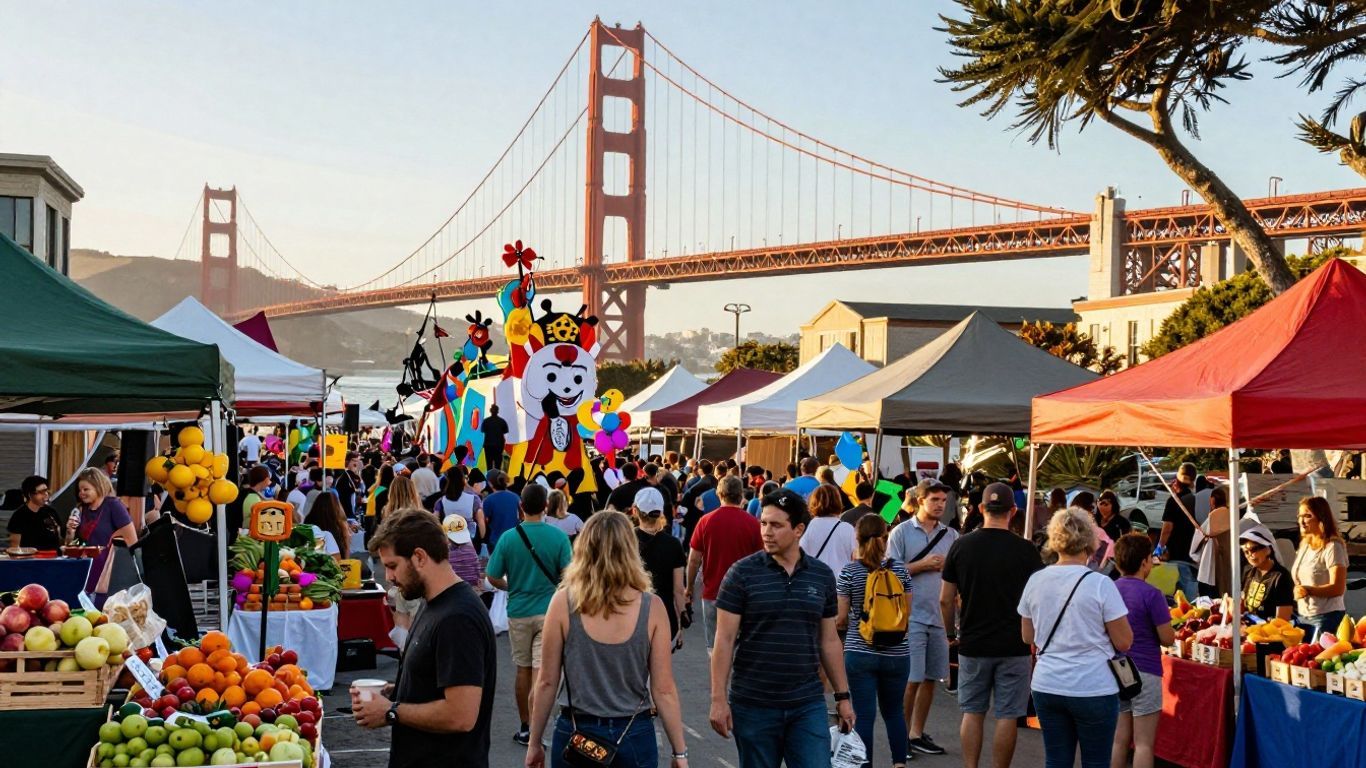 San Francisco summer festival with crowds and Golden Gate Bridge.
