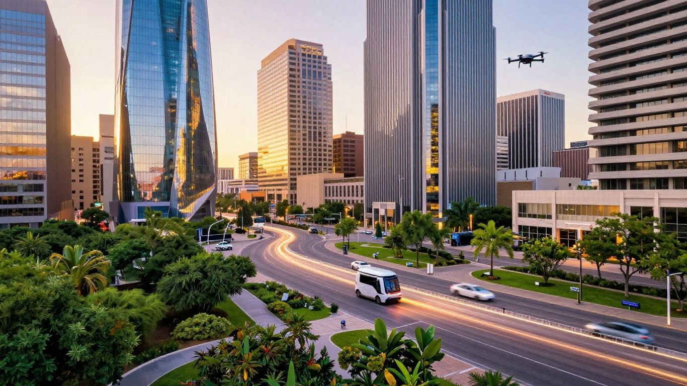 Austin cityscape with smart city technology and futuristic elements.
