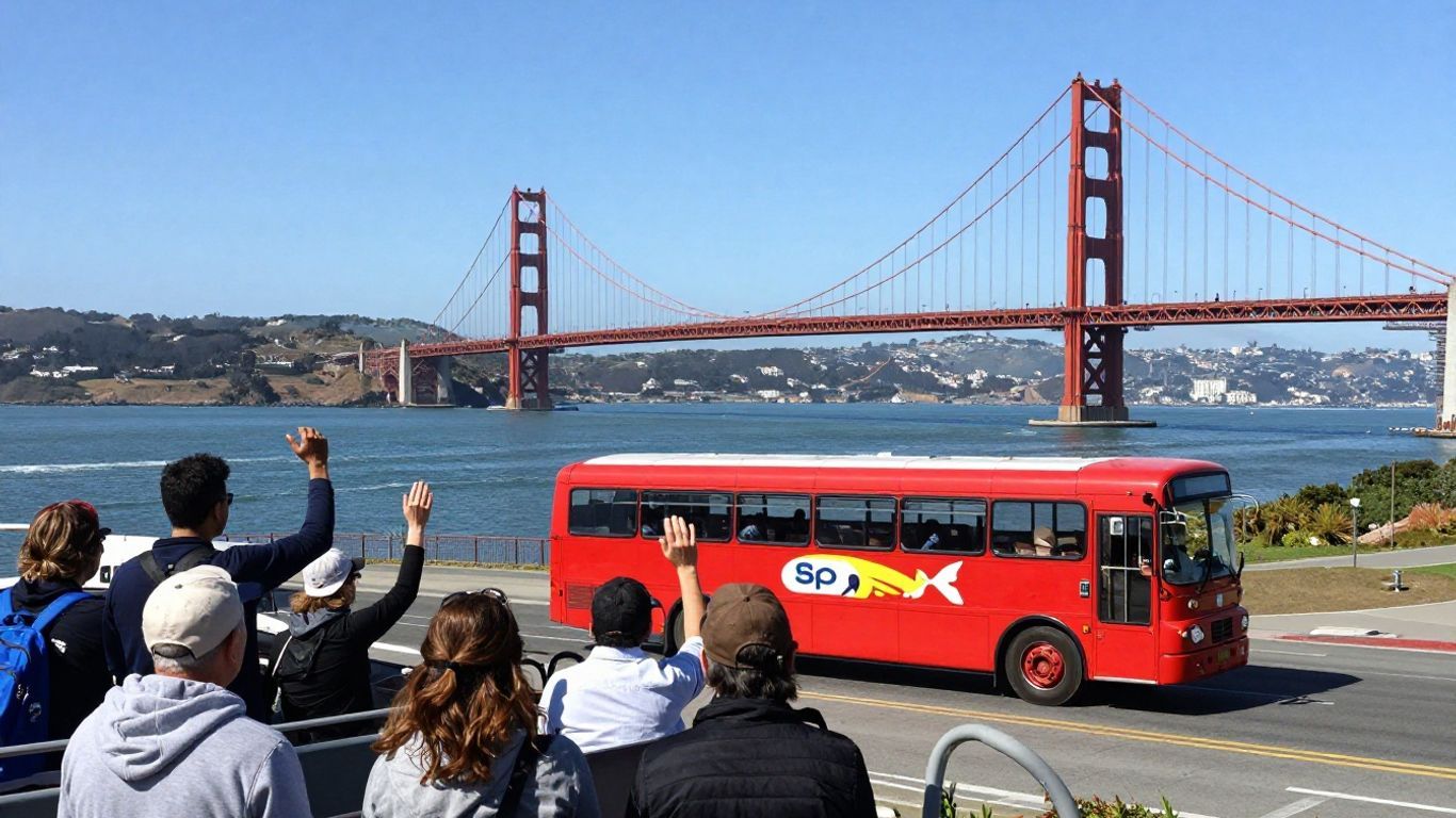 San Francisco tour bus with Golden Gate Bridge view.