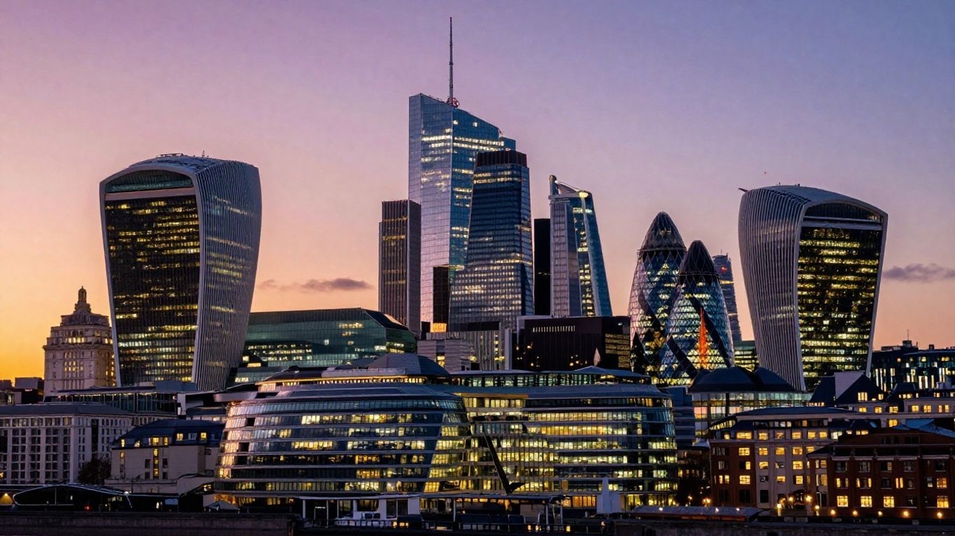 UK cityscape at dusk with illuminated buildings.