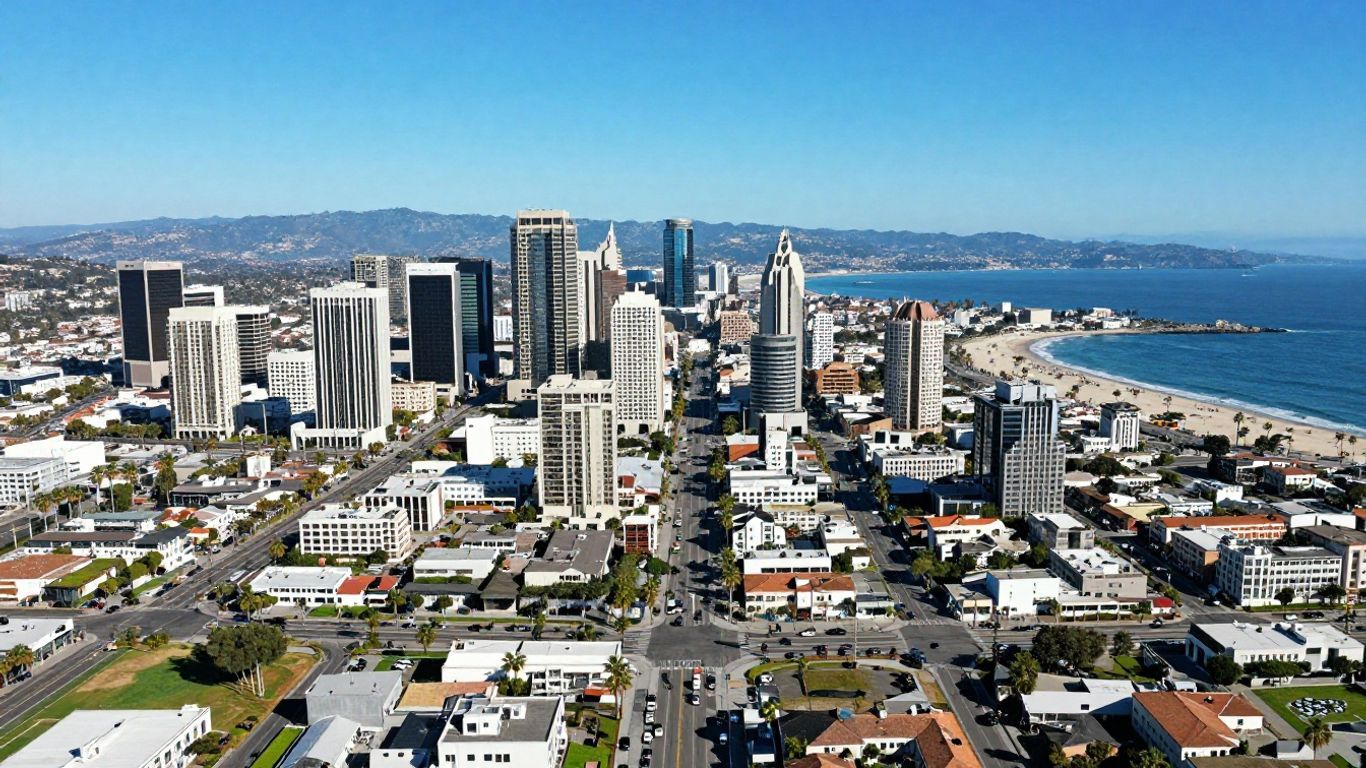 California cities coastline aerial photo with skylines and beach