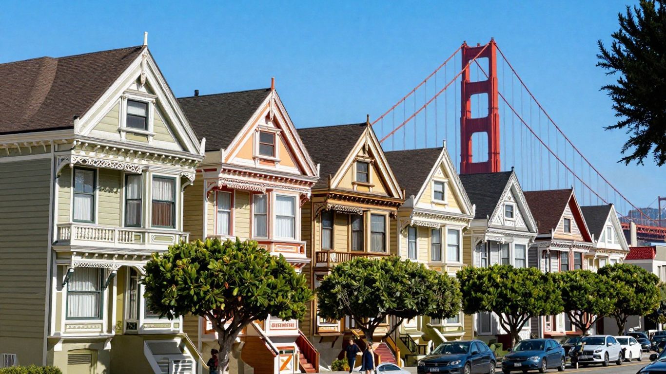 Victorian houses and Golden Gate Bridge in San Francisco.