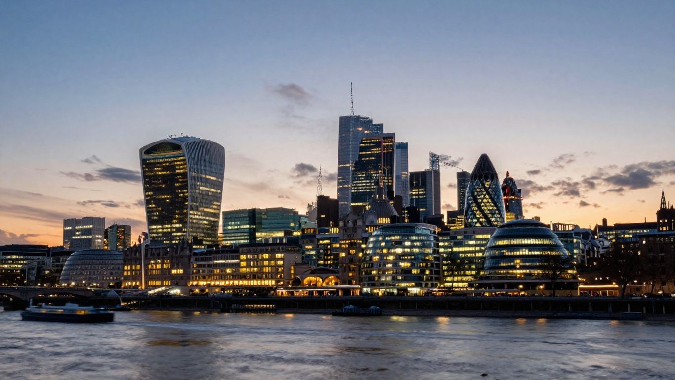 London skyline at dusk with River Thames.