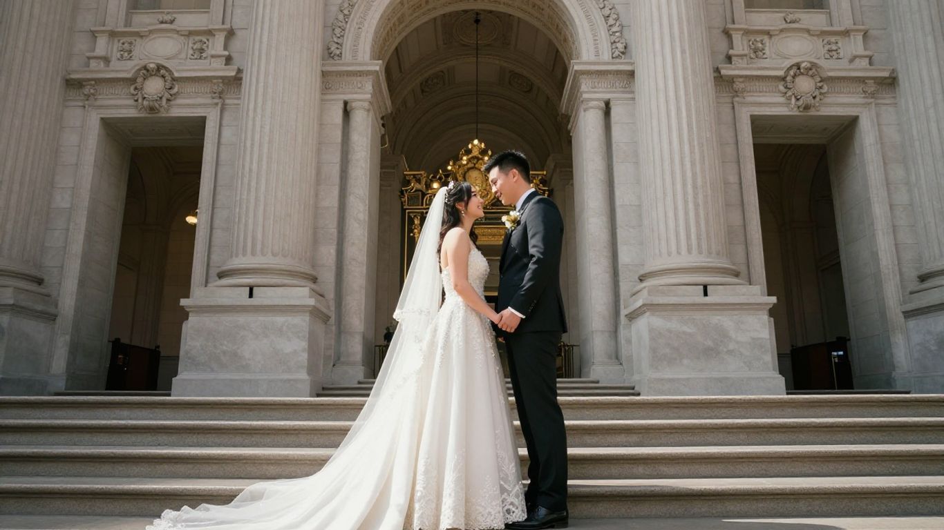 Couple on San Francisco City Hall grand staircase.