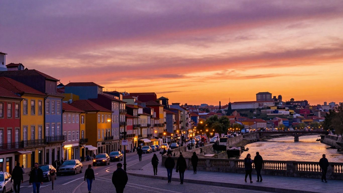 Vibrant African city skyline at sunset with historical elements.