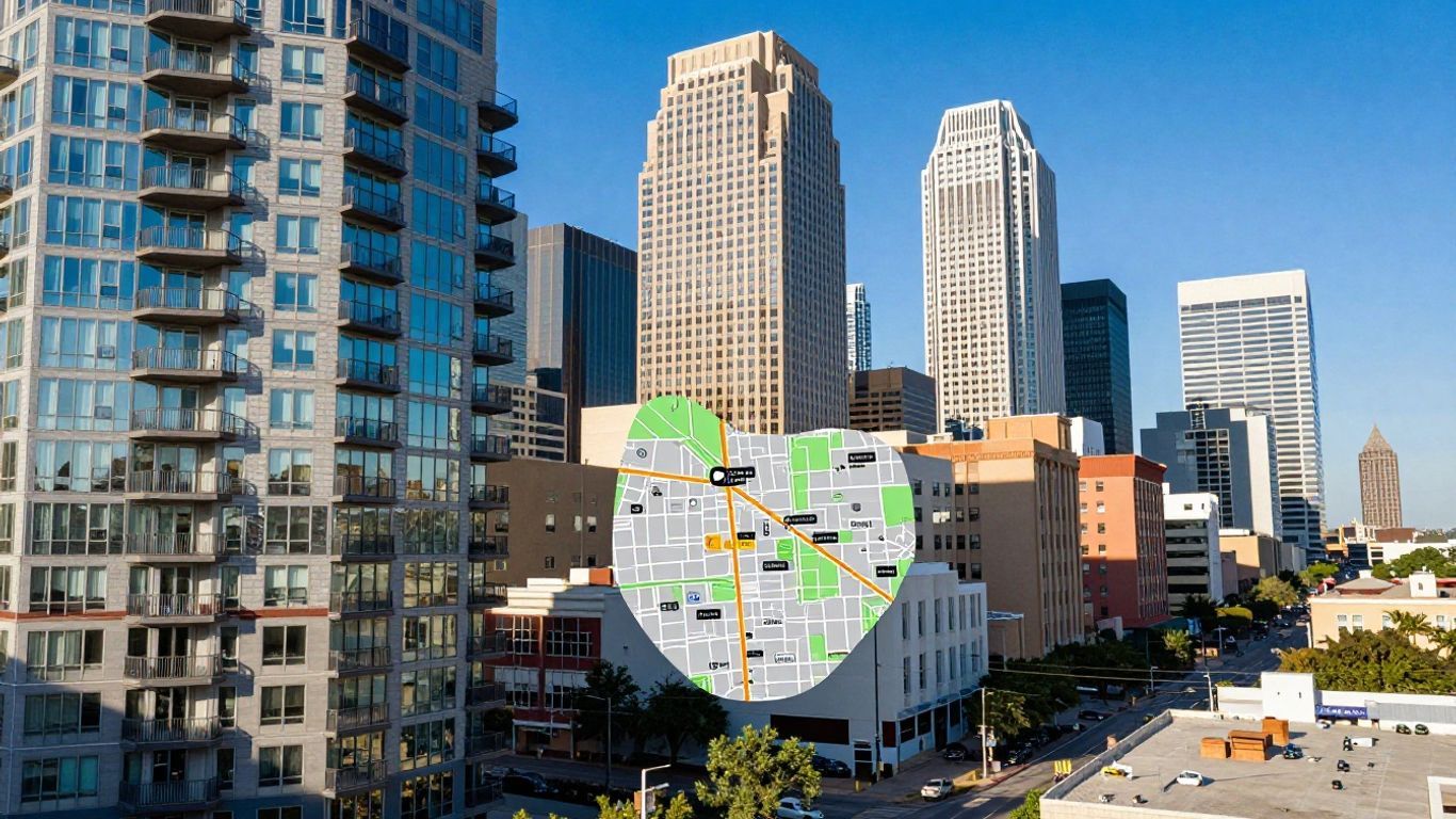 Austin cityscape with apartment buildings and map overlay.