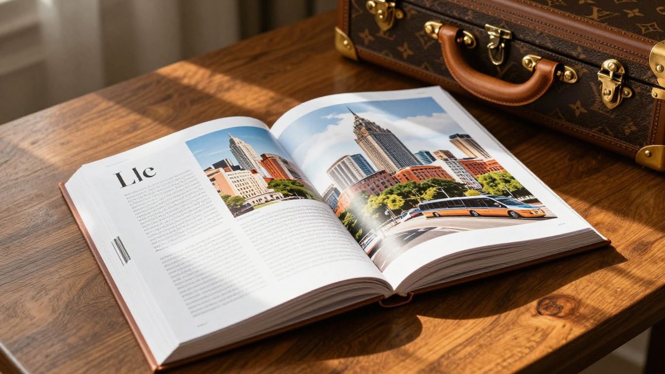 Louis Vuitton City Guide book open on a table.
