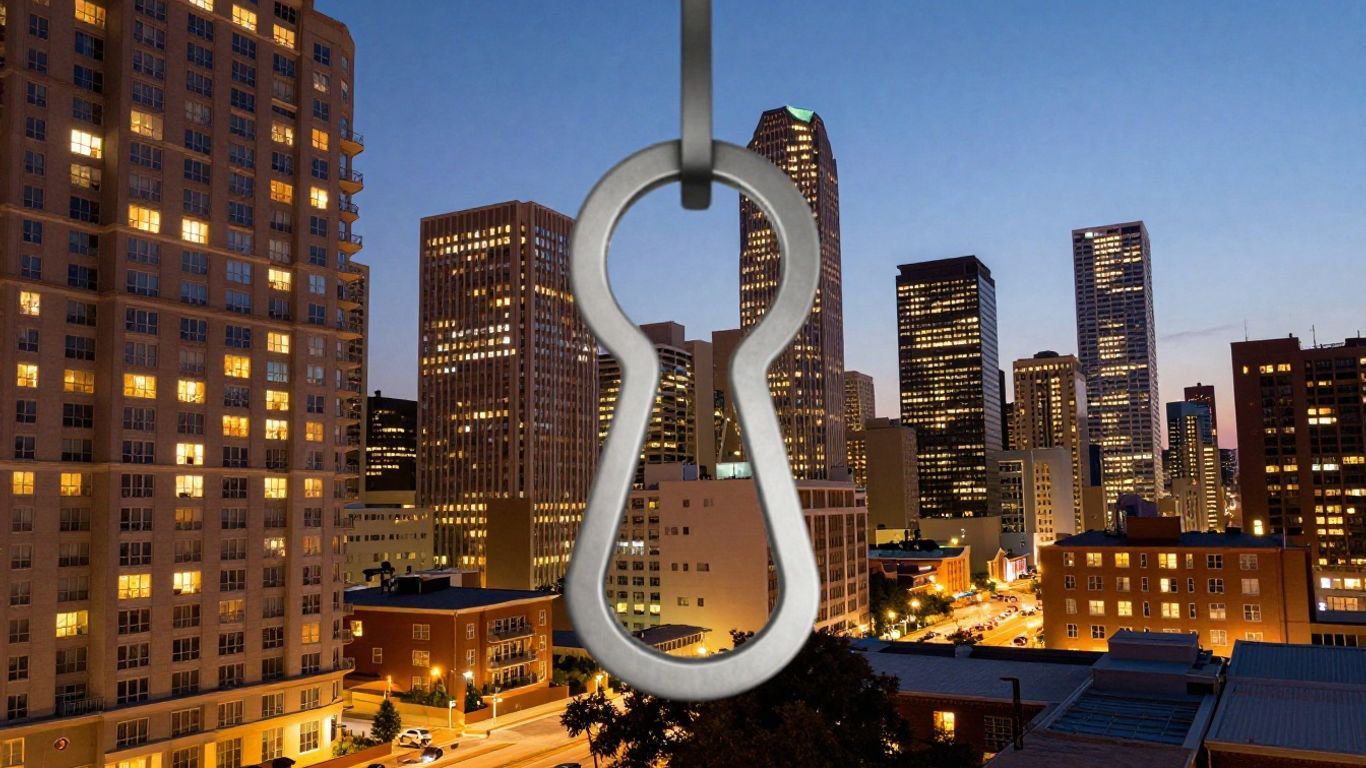 Houston skyline with apartment buildings and a keyhole.