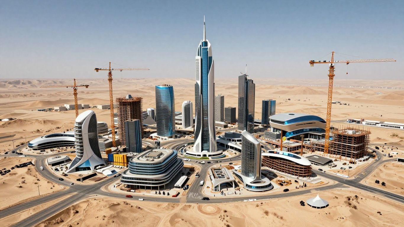 Futuristic smart city construction in Arizona desert.