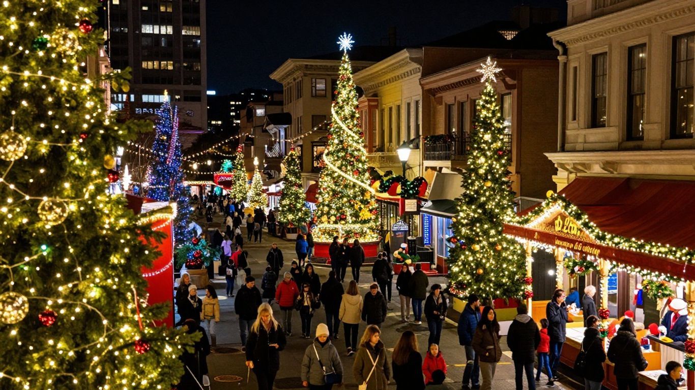 San Francisco holiday lights illuminating city landmarks and streets.