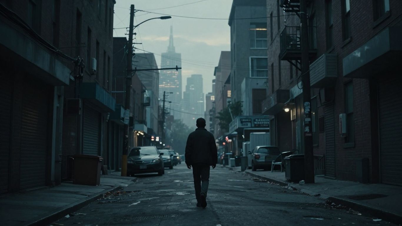 Urban street at dusk with a lone figure.