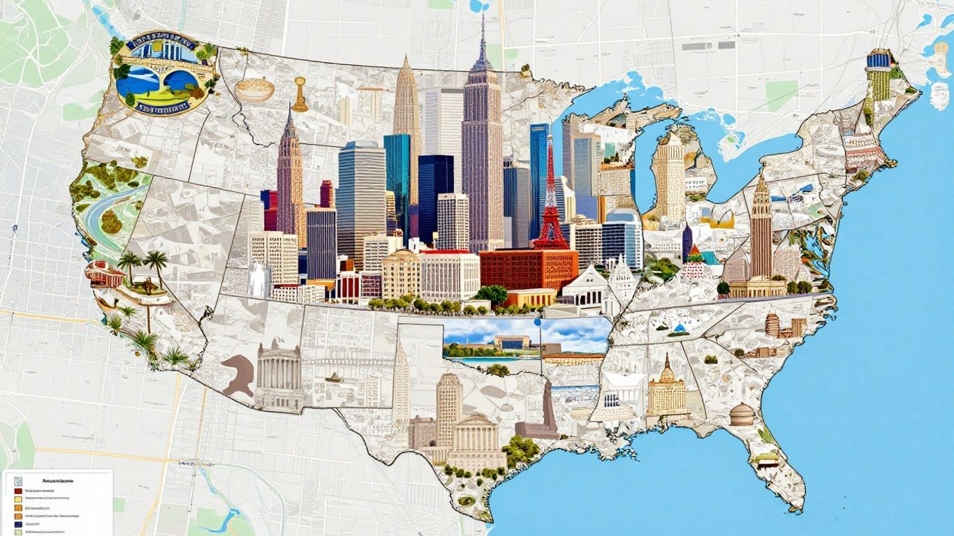 US map with cities and landmarks