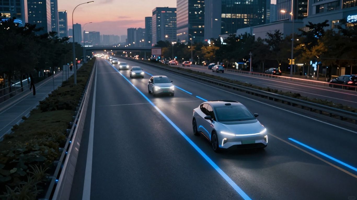 Futuristic smart highway with glowing lanes and autonomous vehicles.