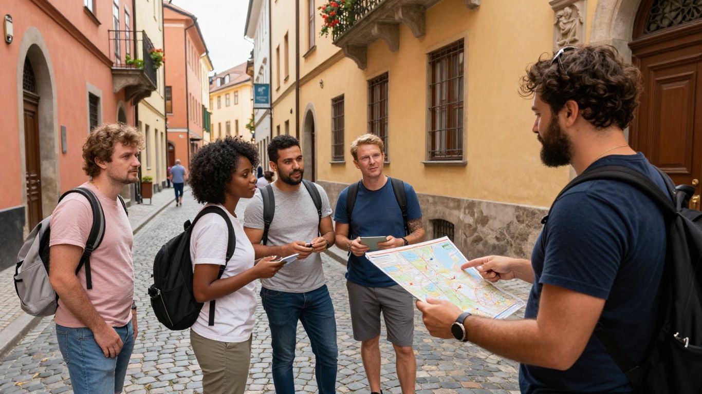 Travelers interacting with a local guide on a charming street.