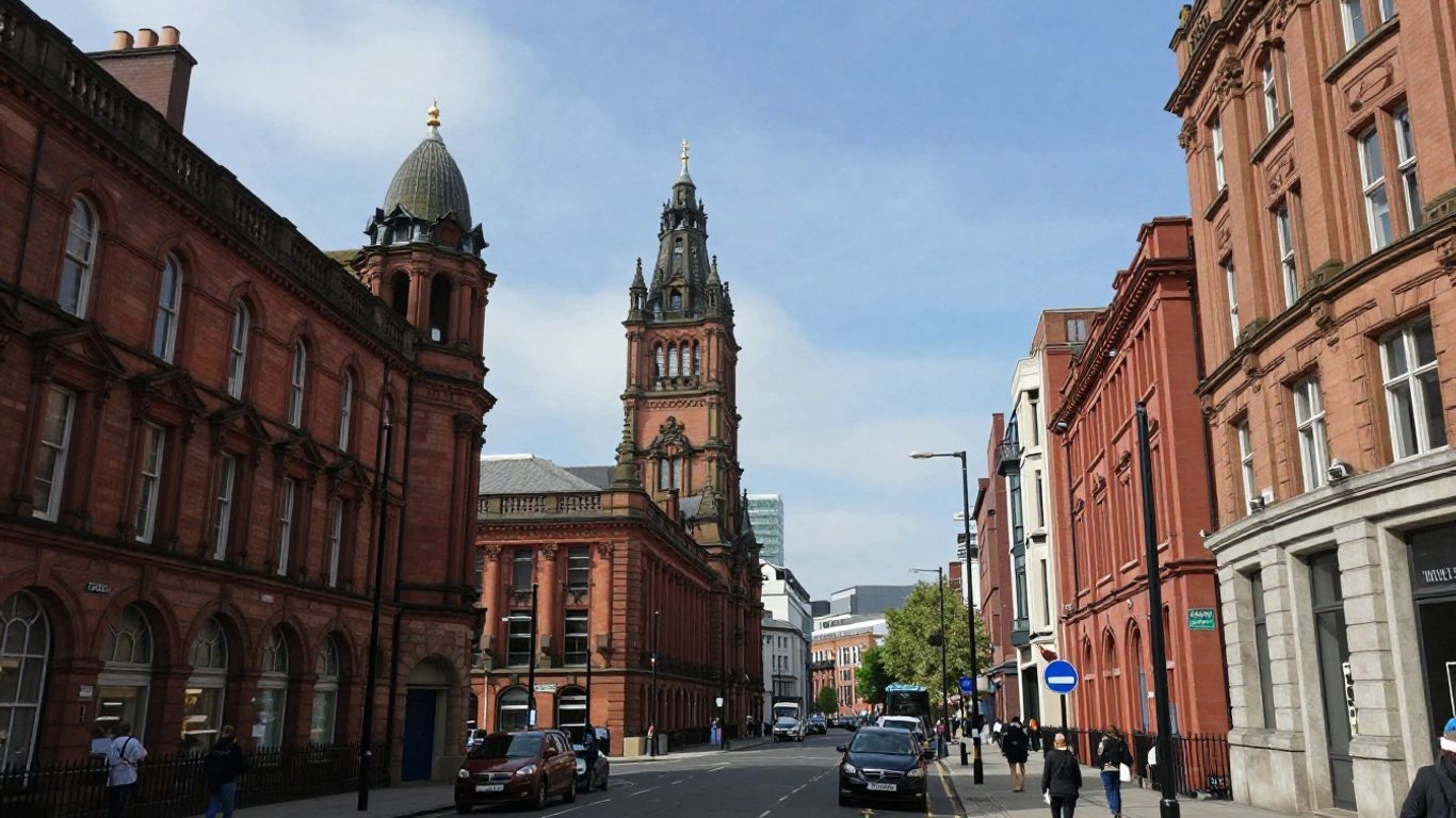 Manchester cityscape with iconic buildings and busy streets.