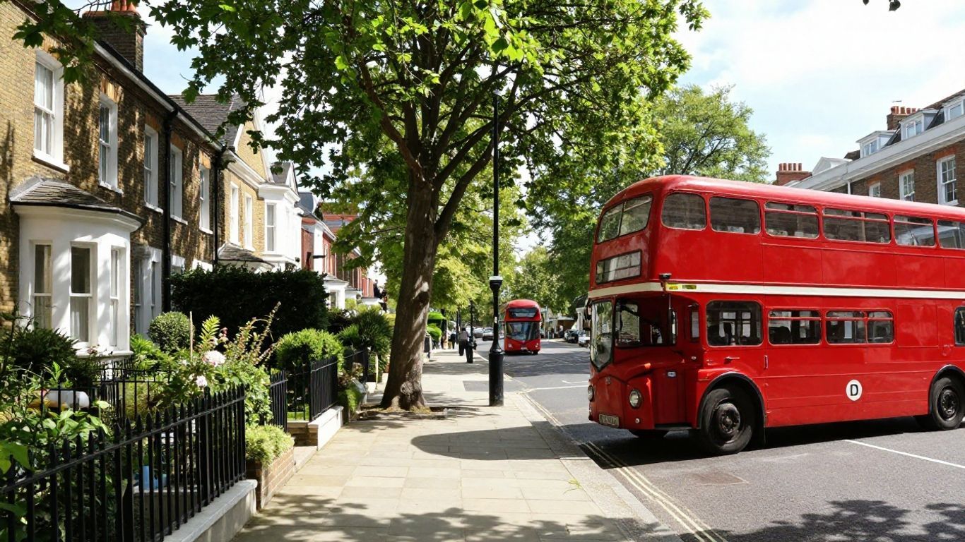Suburban London street with houses and trees.