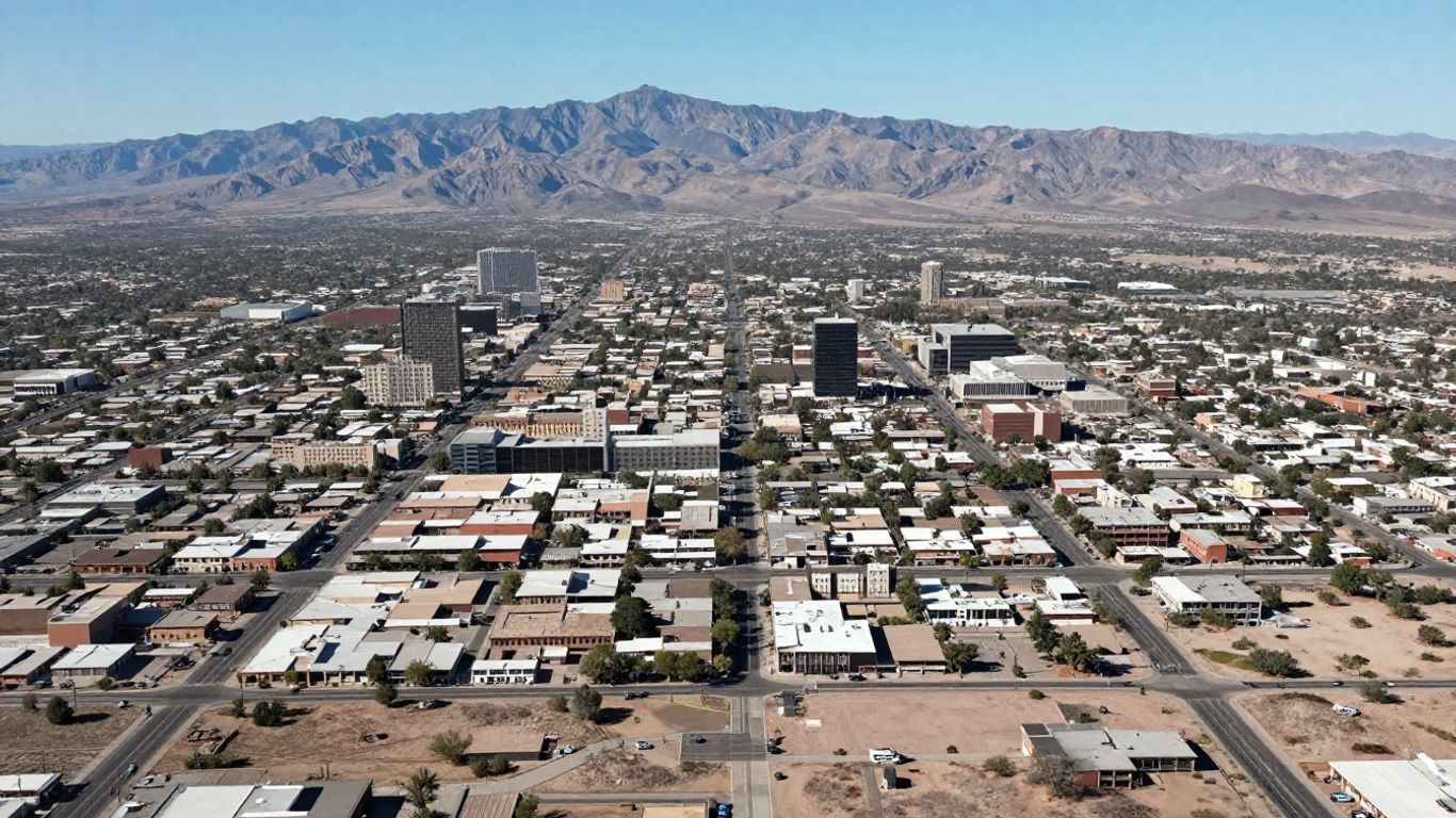 Aerial view of El Paso, Texas, with mountains in the background.