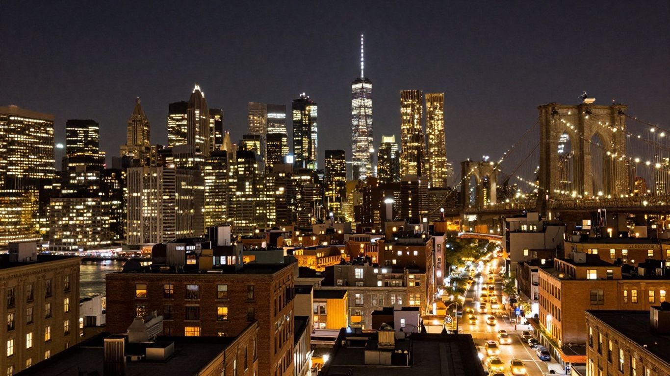 New York City skyline at night with illuminated skyscrapers.